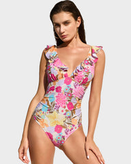 Deep V Ruffled Lace-Up Floral Print Swimsuit