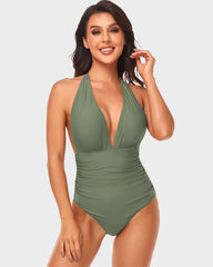 Halter Neck Deep V Ruched One-Piece Swimsuit