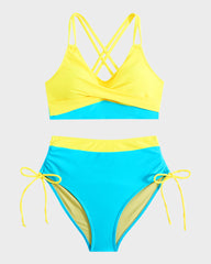 Color-Block Drawstring Cross-Back Bikini Set