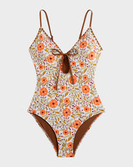 Deep V Bow Tie Floral Printed Swimsuit