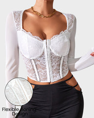 V-Neck Sheer Lace Mesh Front Closure Long Sleeve Top