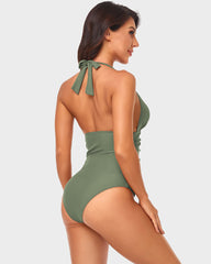 Halter Neck Deep V Ruched One-Piece Swimsuit