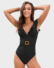 Deep V Ruffled Sleeve Belted Ruched Swimsuit