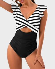 Ruffle Sleeve Cut-Out Ruched One-Piece Swimsuit