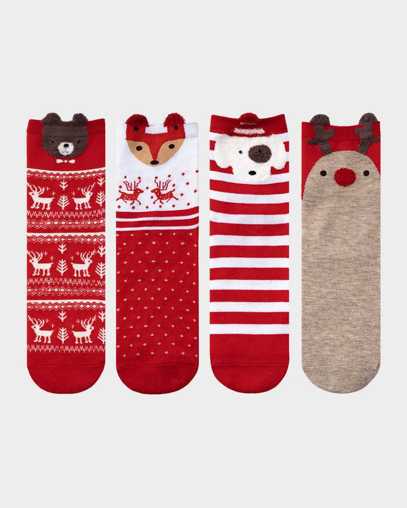 Christmas Cartoon Animal Print Comfort Socks (4 Pack)