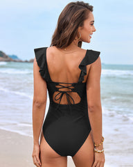 Deep V Ruffled Sleeve Belted Ruched Swimsuit