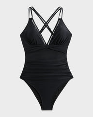 V-Neck Hollow Trim Cross-Back One-Piece Swimsuit