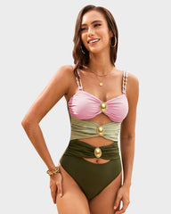 Gold Beads Detailing Cut-Out Ruched One Piece Swimsuit