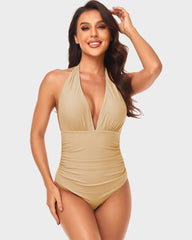 Halter Neck Deep V Ruched One-Piece Swimsuit