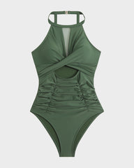 Round Neck Cut-Out Mesh Panel Ruched Swimsuit