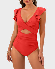 Ruffle Sleeve Cut-Out Ruched One-Piece Swimsuit