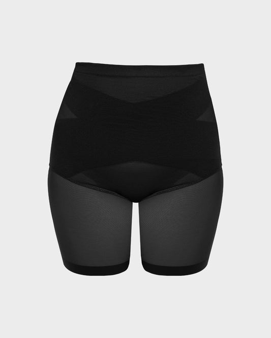 High Waist Criss-Cross Mesh Shaping Mid-Thigh Shorts