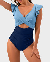 Ruffle Sleeve Cut-Out Ruched One-Piece Swimsuit