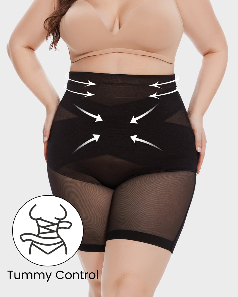 High Waist Criss-Cross Mesh Shaping Mid-Thigh Shorts