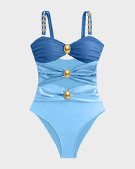 Gold Beads Detailing Cut-Out Ruched One Piece Swimsuit