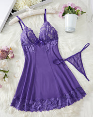 V-Neck Sheer Lace Mesh Nightgown with G-String