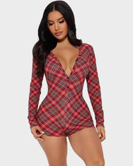 Christmas Plaid Long Sleeve Deep V Button Front Romper