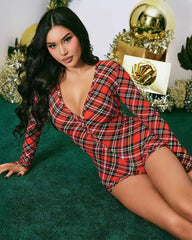 Christmas Plaid Long Sleeve Deep V Button Front Romper