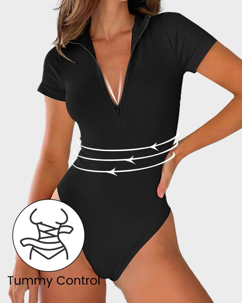 Ribbed Short Sleeve Half-Zip Sculpting Bodysuit