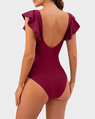 Ruffle Sleeve Cut-Out Ruched One-Piece Swimsuit