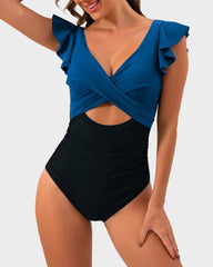 Ruffle Sleeve Cut-Out Ruched One-Piece Swimsuit