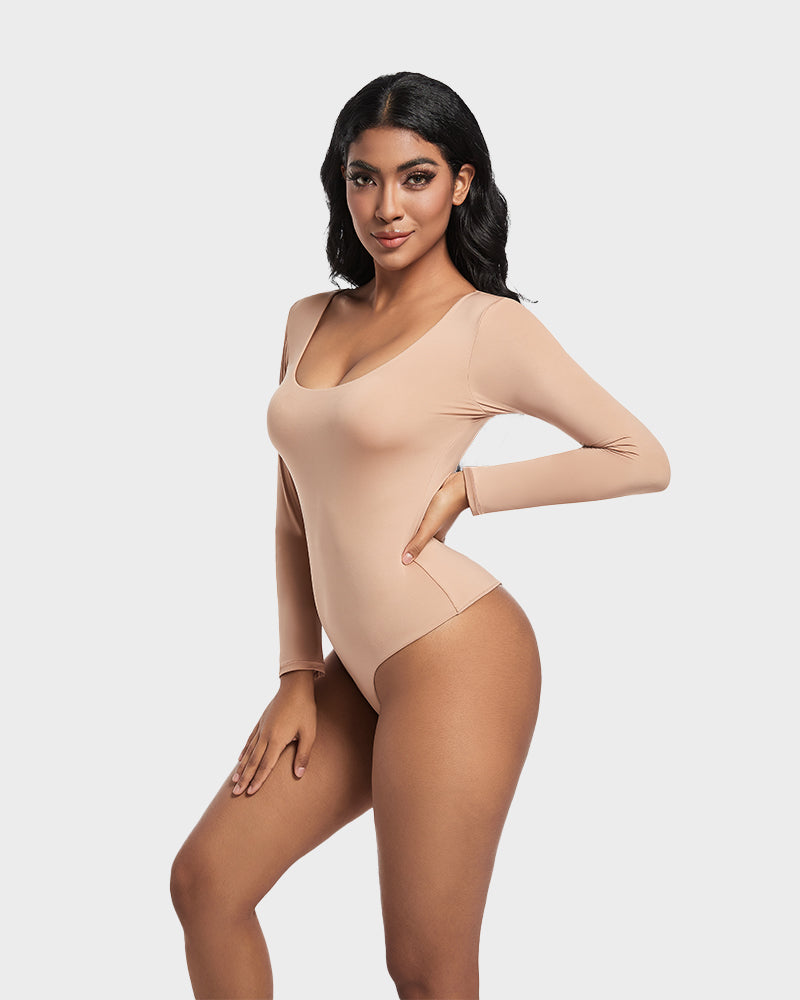 SheCurve®Seamless Sculpt Long Sleeve Scoop Neck Thong Bodysuit