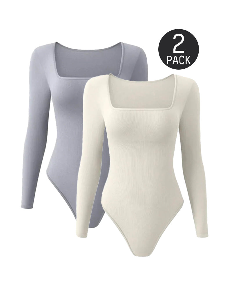 SheCurve® Ribbed Square Neck Long Sleeve Bodysuit