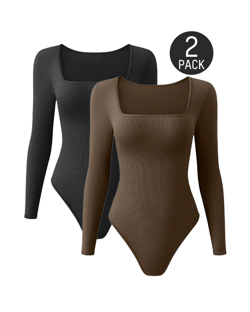 SheCurve® Ribbed Square Neck Long Sleeve Bodysuit