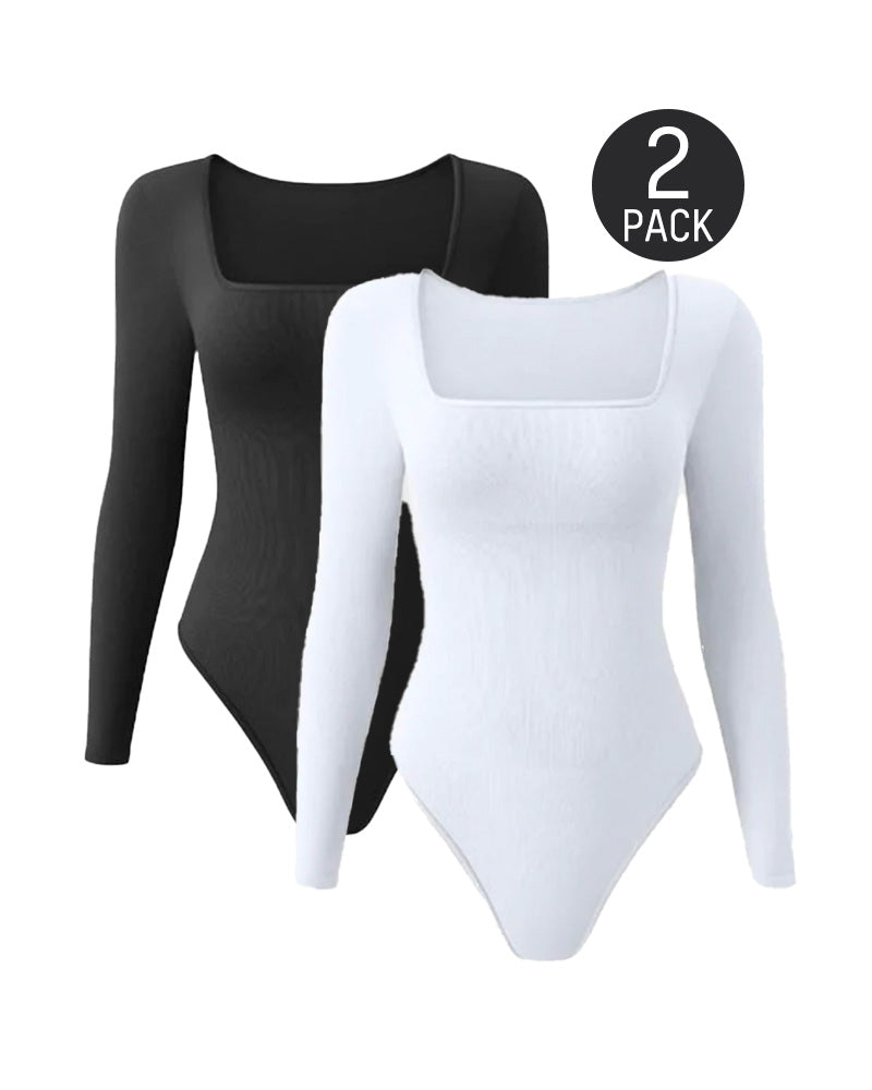 SheCurve® Ribbed Square Neck Long Sleeve Bodysuit