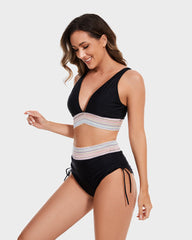 High Waisted Tummy Control Color Block Bikini Sets