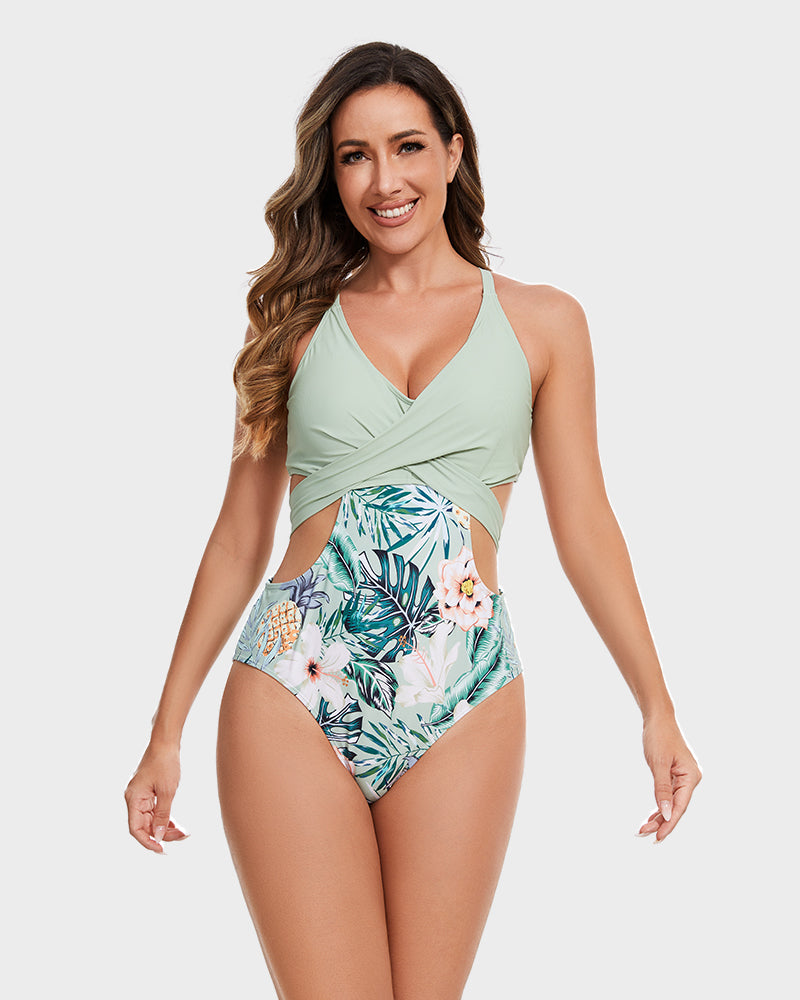 SheCurve® Women's Tropical Print Criss Cross Cut Out Backless One-piece Swimsuit