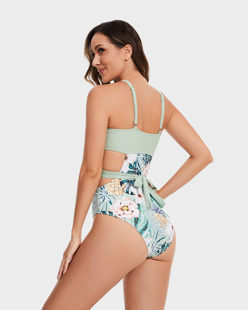 SheCurve® Women's Tropical Print Criss Cross Cut Out Backless One-piece Swimsuit