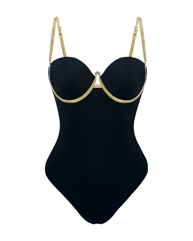 Gold-Trimmed Built-In-Bra One-Piece Swimsuit