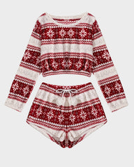 Festive Pattern Coral Fleece Long Sleeve Top and Shorts Set