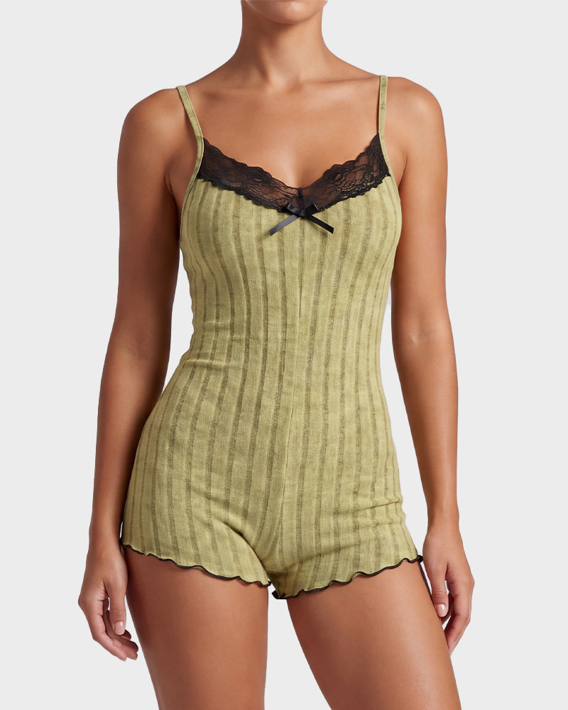 Ribbed Lace Butterfly Back Romper Pajama Set