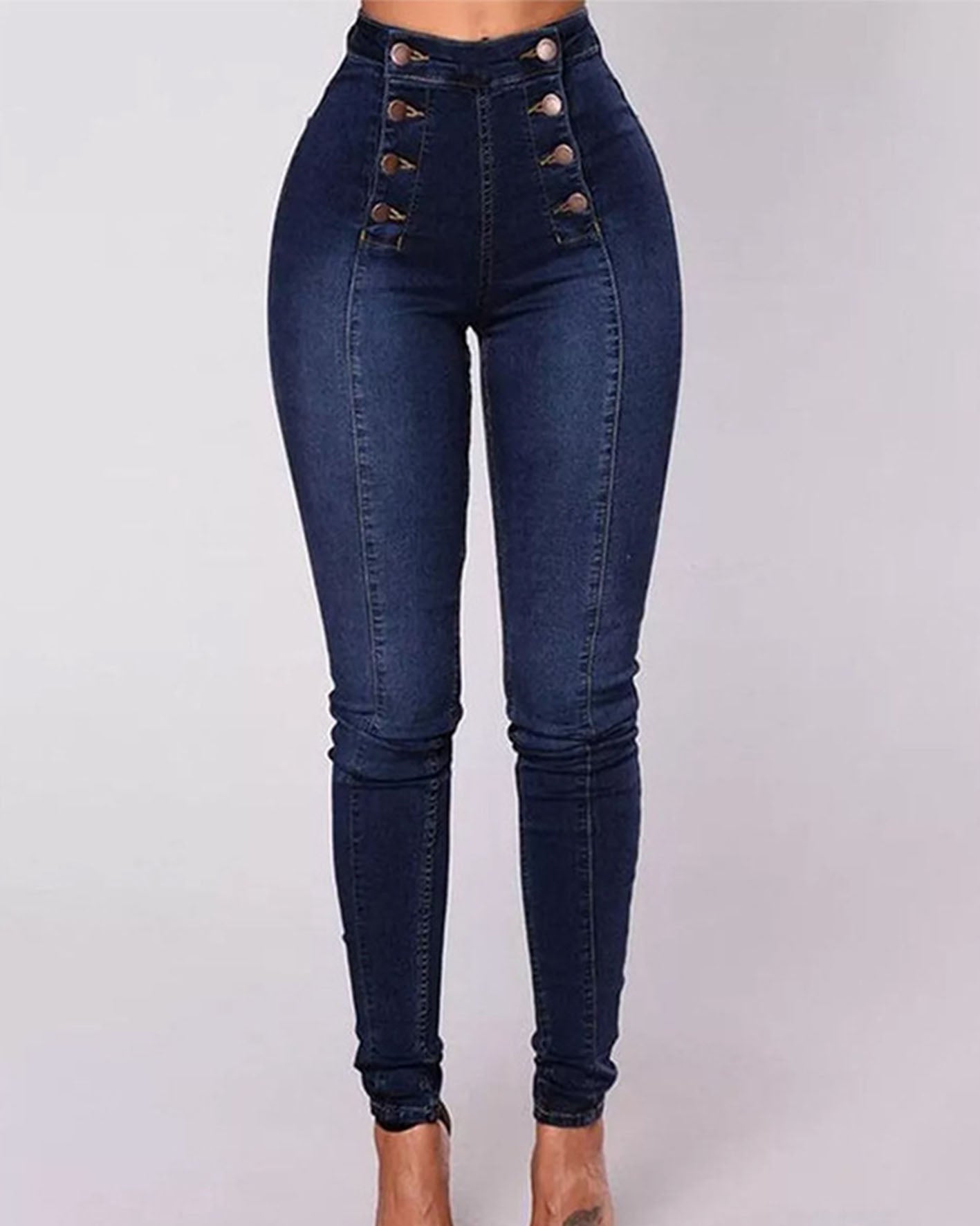 SheCurve® High-Waisted Casual Two-Row Stretch Jeans With Multiple Buttons