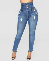 SheCurve® High-Waisted Four-Breasted Stretch Slim-Fit Denim Pants
