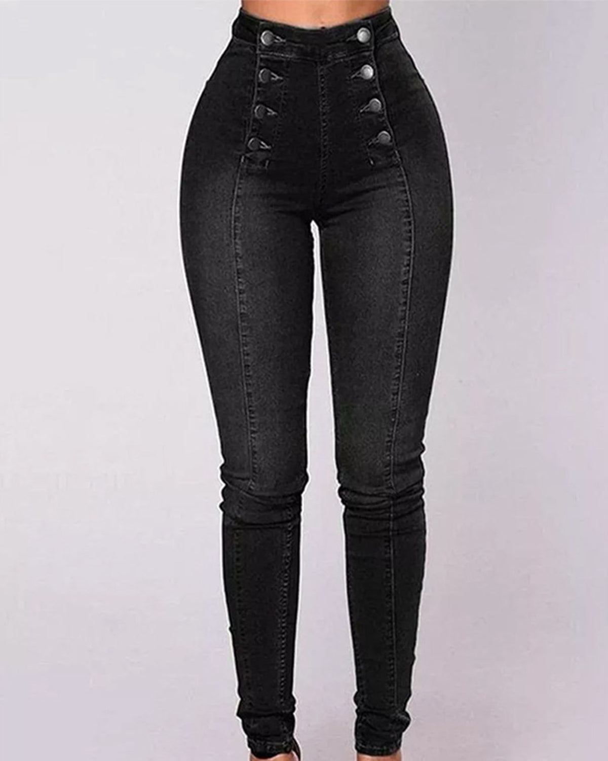 SheCurve® High-Waisted Casual Two-Row Stretch Jeans With Multiple Buttons